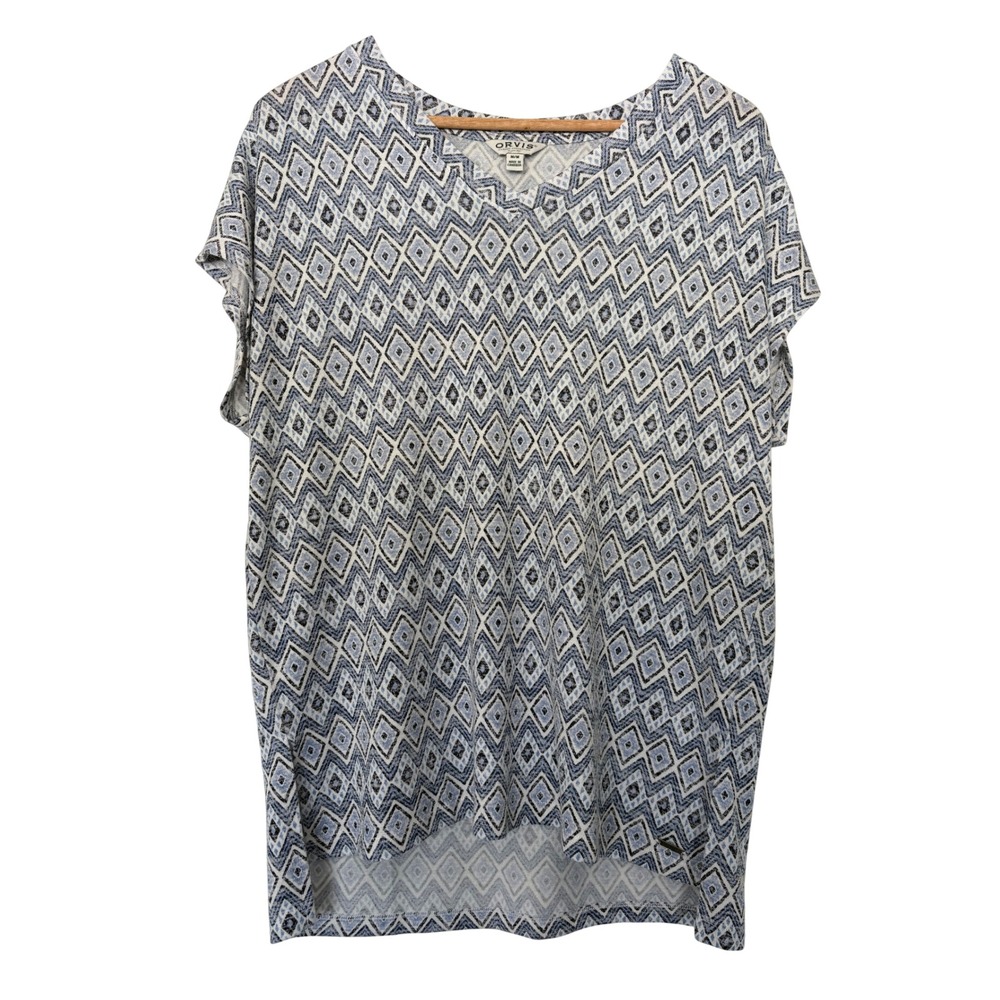 Orvis Tunic Top Blue White Diamond V-Neck Ikat Short Sleeve Top Blouse M